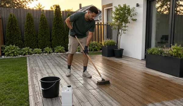 A worker scrubs weathered grey decking with a long-handled brush. Brushing along the grain avoids scratching across the boards.