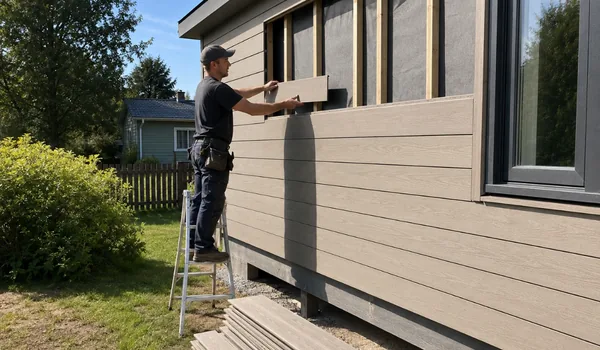 A builder fixes cladding boards beside a house. Their lower ends are cut at 15° to shed water.
