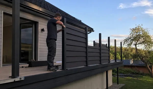 Composite terrace railing. We explain why its posts need closer spacing than timber railing posts.