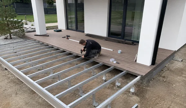Composite terrace on an aluminium frame. Adjustable feet are set to the same height within 1 mm.