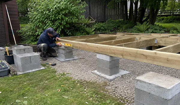 Concrete block foundation made with frost-resistant blocks designed for freeze-thaw conditions.