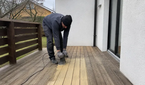A worker sands decking with a circular sander. Changing the disc every 5 m² prevents clogged paper from heating and polishing the wood.