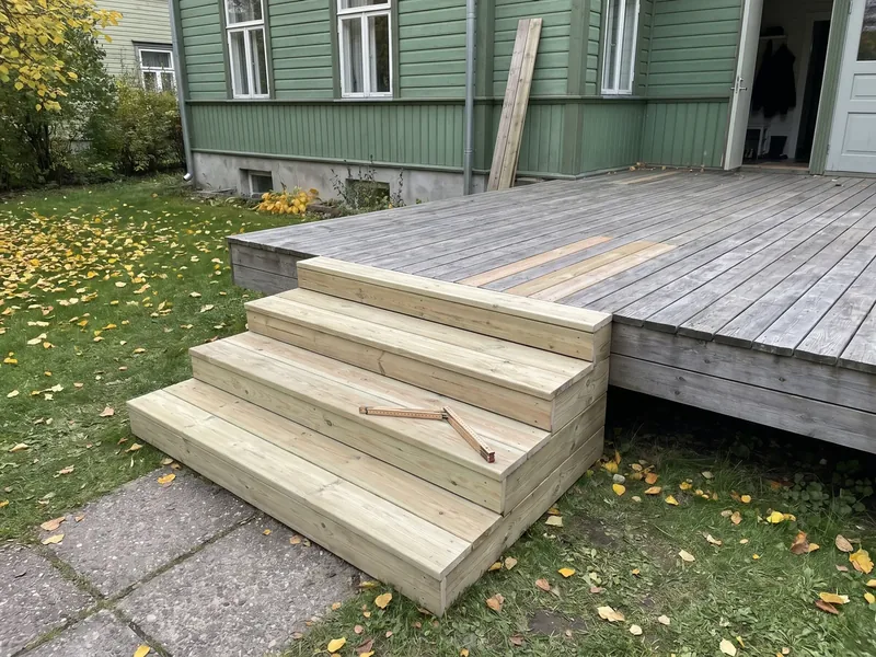 Uus heledast männist neljaastmeline trepp viib halliks tõmbunud terrassile rohelise puumaja juures, astmel on kokkuvolditav mõõdupuu ja murul kollased lehed, trepi kandepuud jäävad külglaudade taha varju.