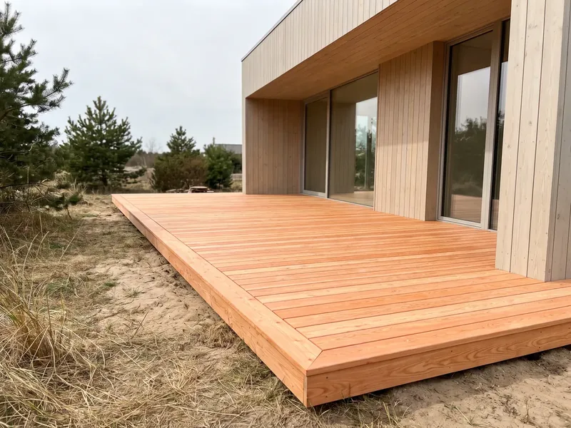 Värske oranžikasroosa lehisest terrass heleda laudvoodriga maja klaasuste ees liivasel krundil, laudise ümber tuleb raamlaud, mis peidab laudade otsad.
