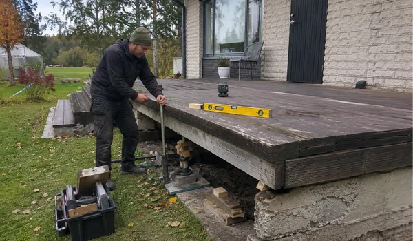 A worker lifts a settled terrace edge with a jack and checks its level. Temporary timber blocks support the beam during lifting.
